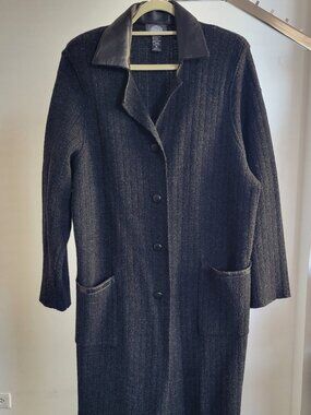 CLEARANCE - Magic Black Tweed Sweater Coat w/ Leather Trim Collar (Size XL)